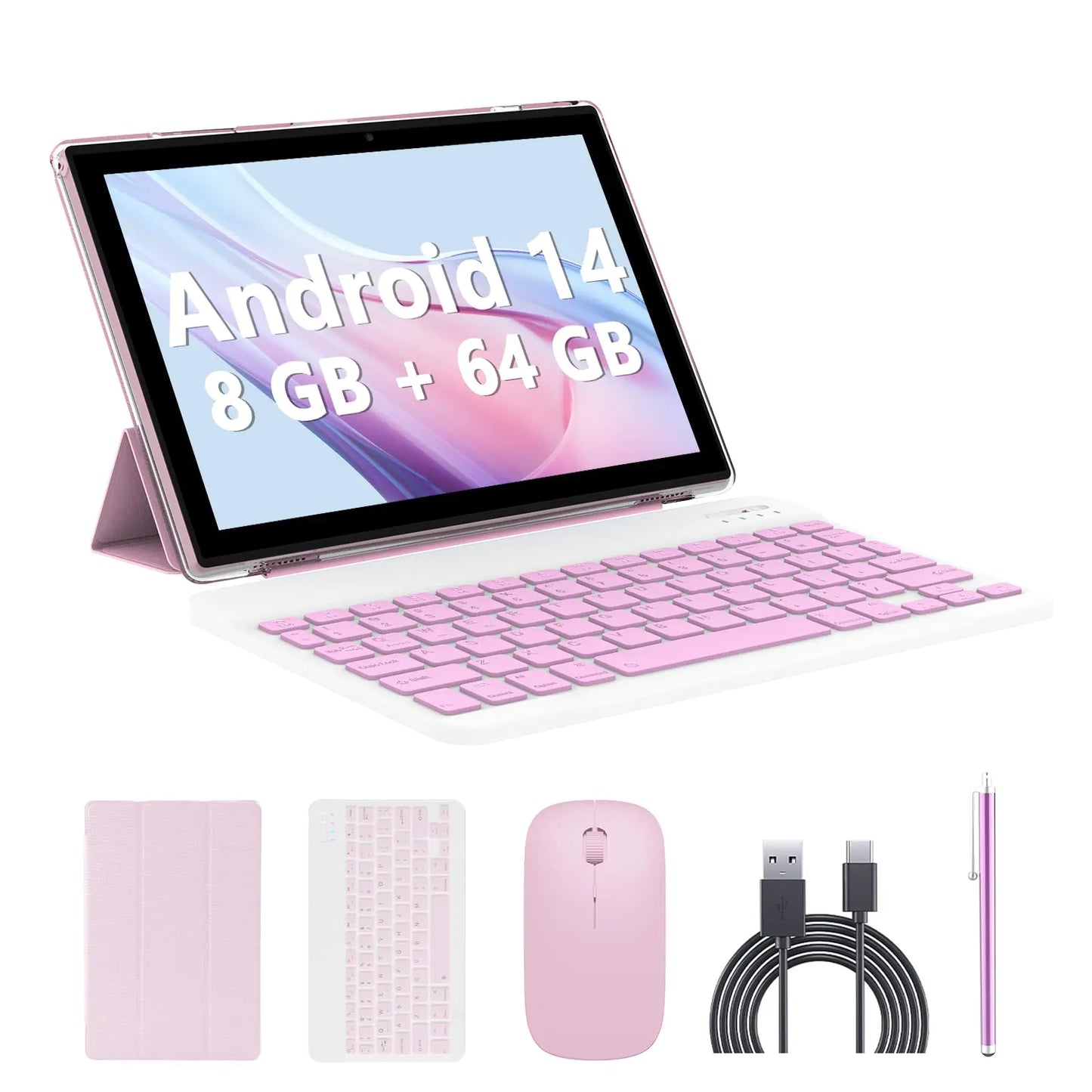 10" Android 14 Tablet, 8GB+64GB (1TB Expandable), with Keyboard, Mouse, Stylus, 8MP Camera, WiFi, Bluetooth – Pink