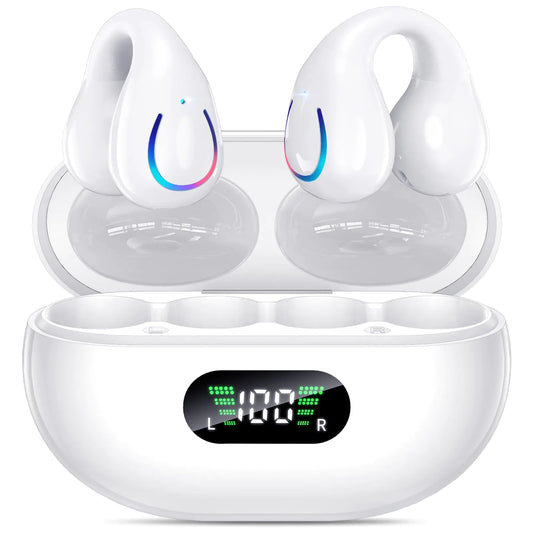 Open-ear clip wireless Bluetooth 5.3 earbuds with built-in microphone, earhooks, charging case with display, and waterproof design—perfect for running and fitness activities.