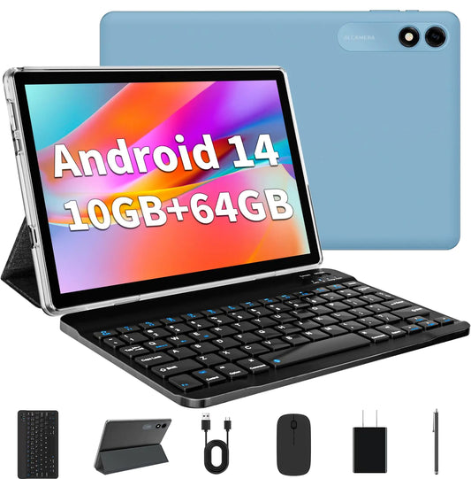 10.1" Android 14 Tablet, 10GB RAM, 64GB Storage, Octa-Core, with Keyboard & Mouse, 6000mAh Battery, Dual Camera, Wi-Fi, Fast Charging.