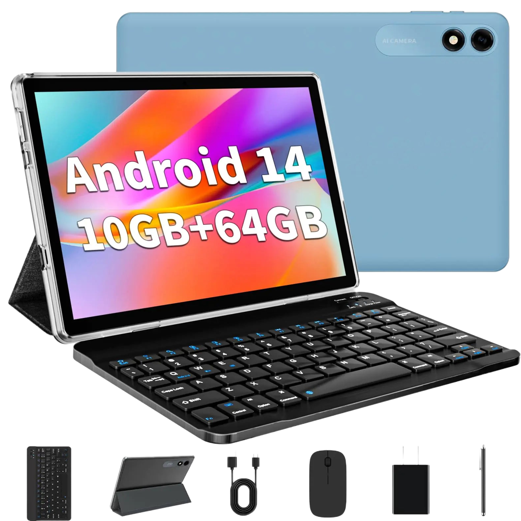 10.1" Android 14 Tablet, 10GB RAM, 64GB Storage, Octa-Core, with Keyboard & Mouse, 6000mAh Battery, Dual Camera, Wi-Fi, Fast Charging.