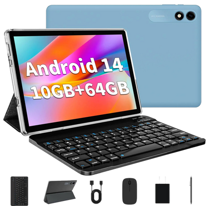 10.1" Android 14 Tablet, 10GB RAM, 64GB Storage, Octa-Core, with Keyboard & Mouse, 6000mAh Battery, Dual Camera, Wi-Fi, Fast Charging.