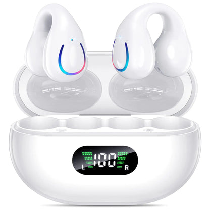 Open-ear clip wireless Bluetooth 5.3 earbuds with built-in microphone, earhooks, charging case with display, and waterproof design—perfect for running and fitness activities.