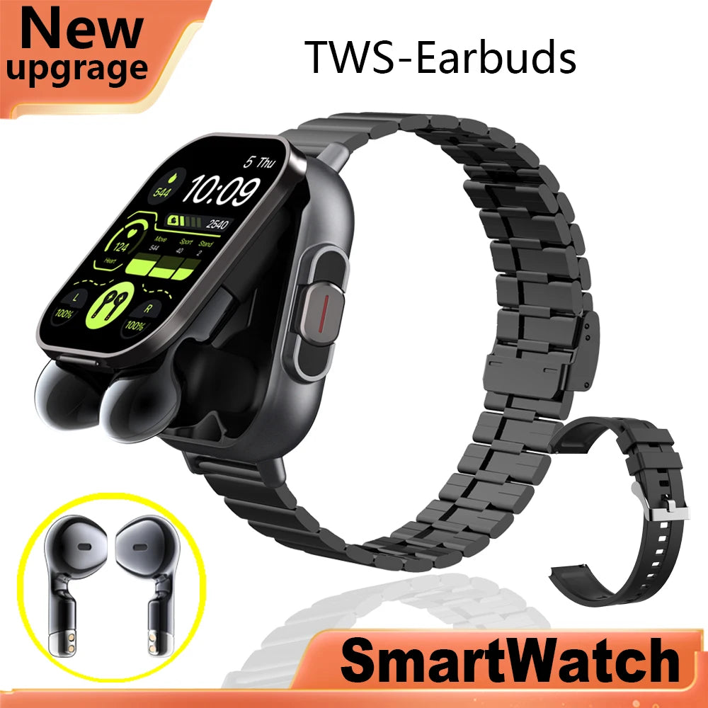 2-in-1 smartwatch with built-in earbuds, heart rate monitor, GPS tracking, music playback, and fitness features.