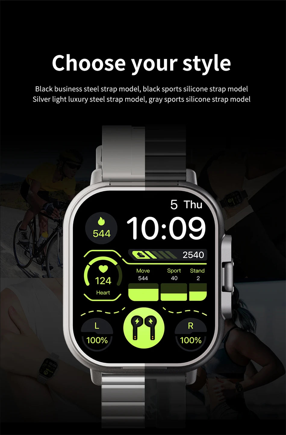 2-in-1 smartwatch with built-in earbuds, heart rate monitor, GPS tracking, music playback, and fitness features.