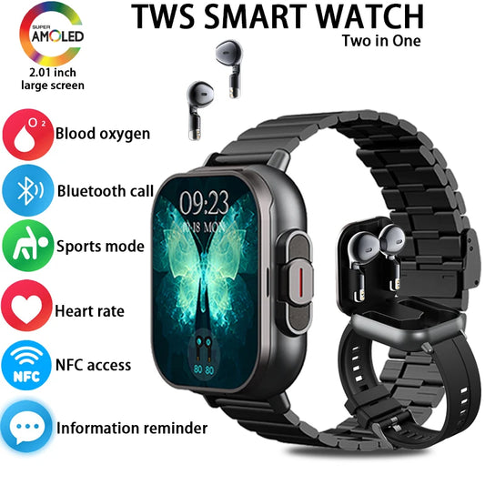 2-in-1 smartwatch with built-in earbuds, heart rate monitor, GPS tracking, music playback, and fitness features.