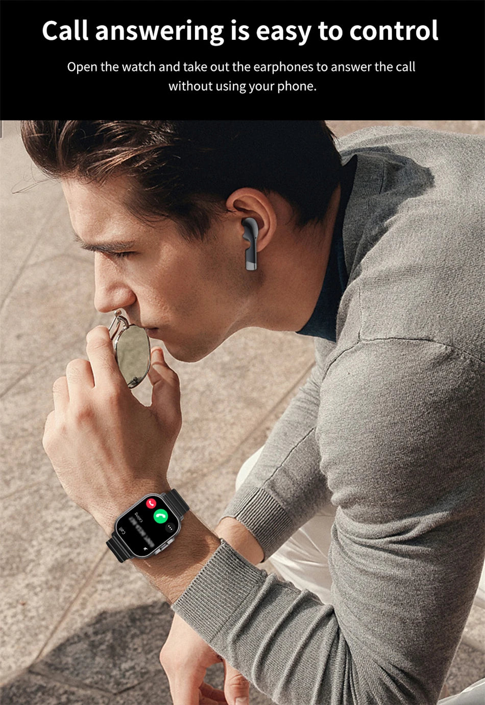 2-in-1 smartwatch with built-in earbuds, heart rate monitor, GPS tracking, music playback, and fitness features.