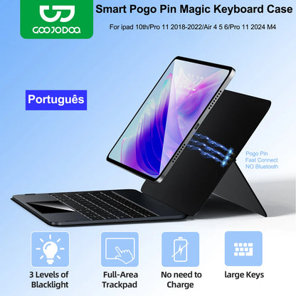 GOOJODOQ Magic Keyboard Case for iPad Pro 11 and iPad Air with Pogo Pin connection and multi-touch trackpad.