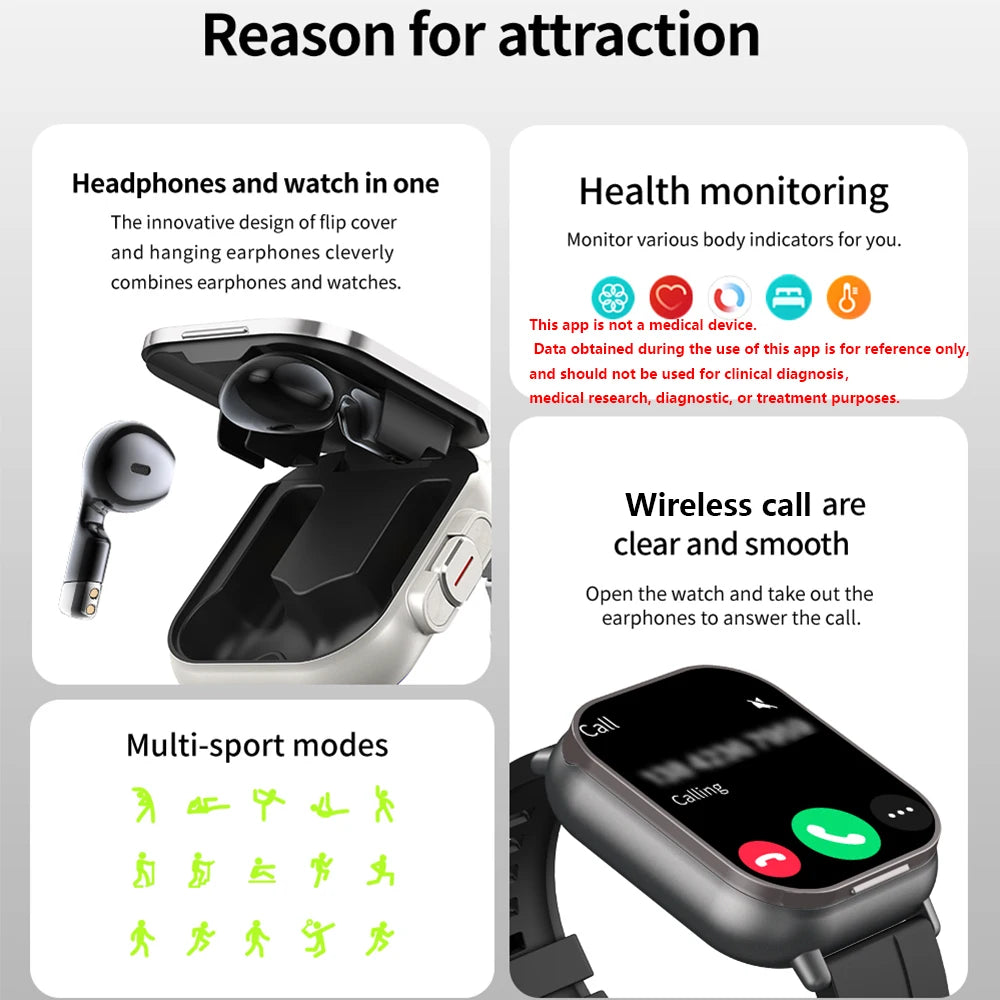 2-in-1 smartwatch with built-in earbuds, heart rate monitor, GPS tracking, music playback, and fitness features.