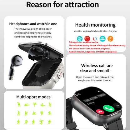 2-in-1 smartwatch with built-in earbuds, heart rate monitor, GPS tracking, music playback, and fitness features.