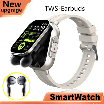 2-in-1 smartwatch with built-in earbuds, heart rate monitor, GPS tracking, music playback, and fitness features.