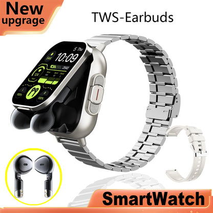 2-in-1 smartwatch with built-in earbuds, heart rate monitor, GPS tracking, music playback, and fitness features.