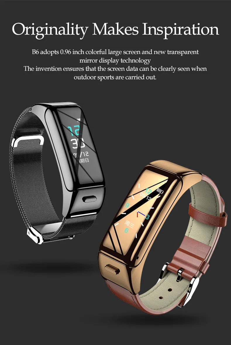 B6 Smart Sports Bracelet with Bluetooth Headset, Color Screen, Sports Tracking, Multi-function Calls, and Detachable 2-in-1 Smartwatch.