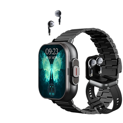 2-in-1 smartwatch with built-in earbuds, heart rate monitor, GPS tracking, music playback, and fitness features.